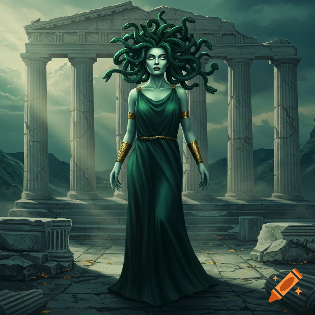 A mythological Medusa with green skin, snakes for hair, and glowing white eyes stands in a dark green dress amidst ancient Greek ruins under dramatic lighting.