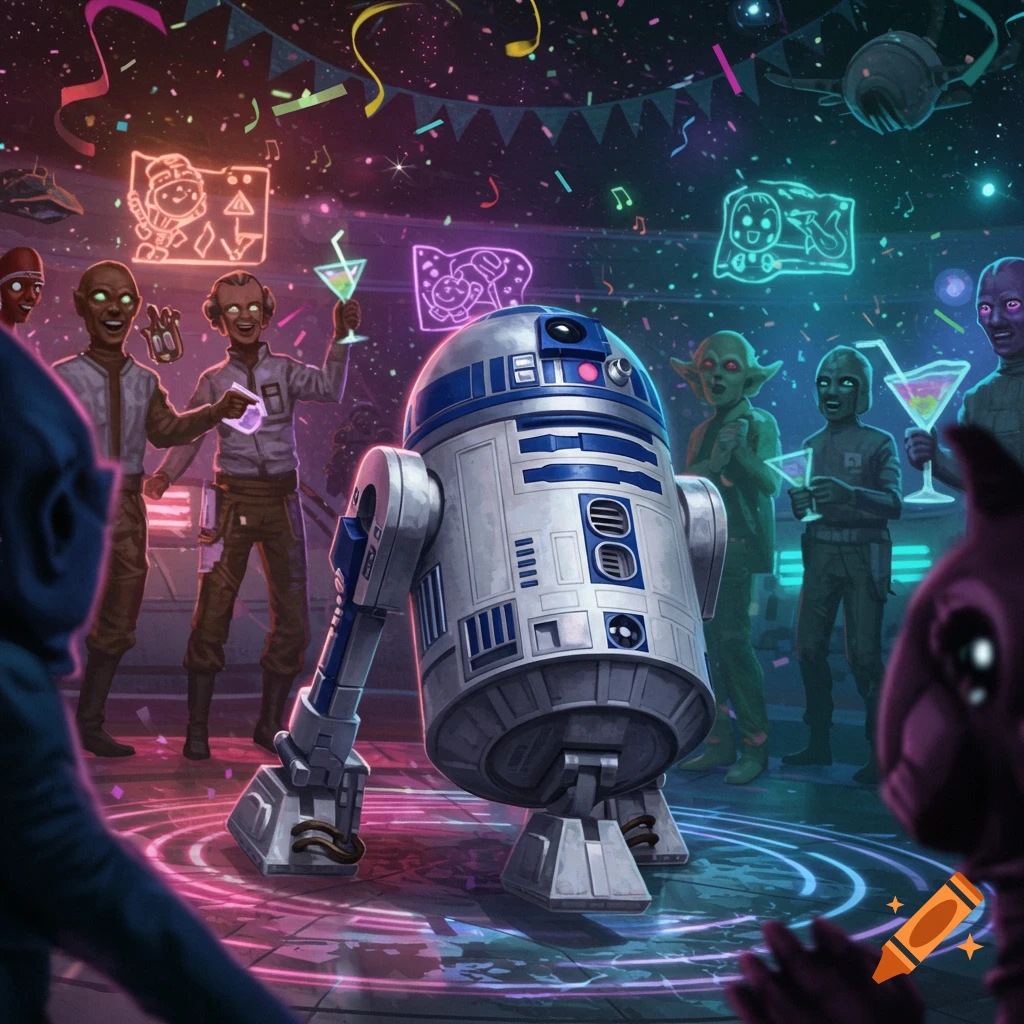 R2-D2 dances at a vibrant futuristic party filled with diverse aliens, neon lights, and confetti.