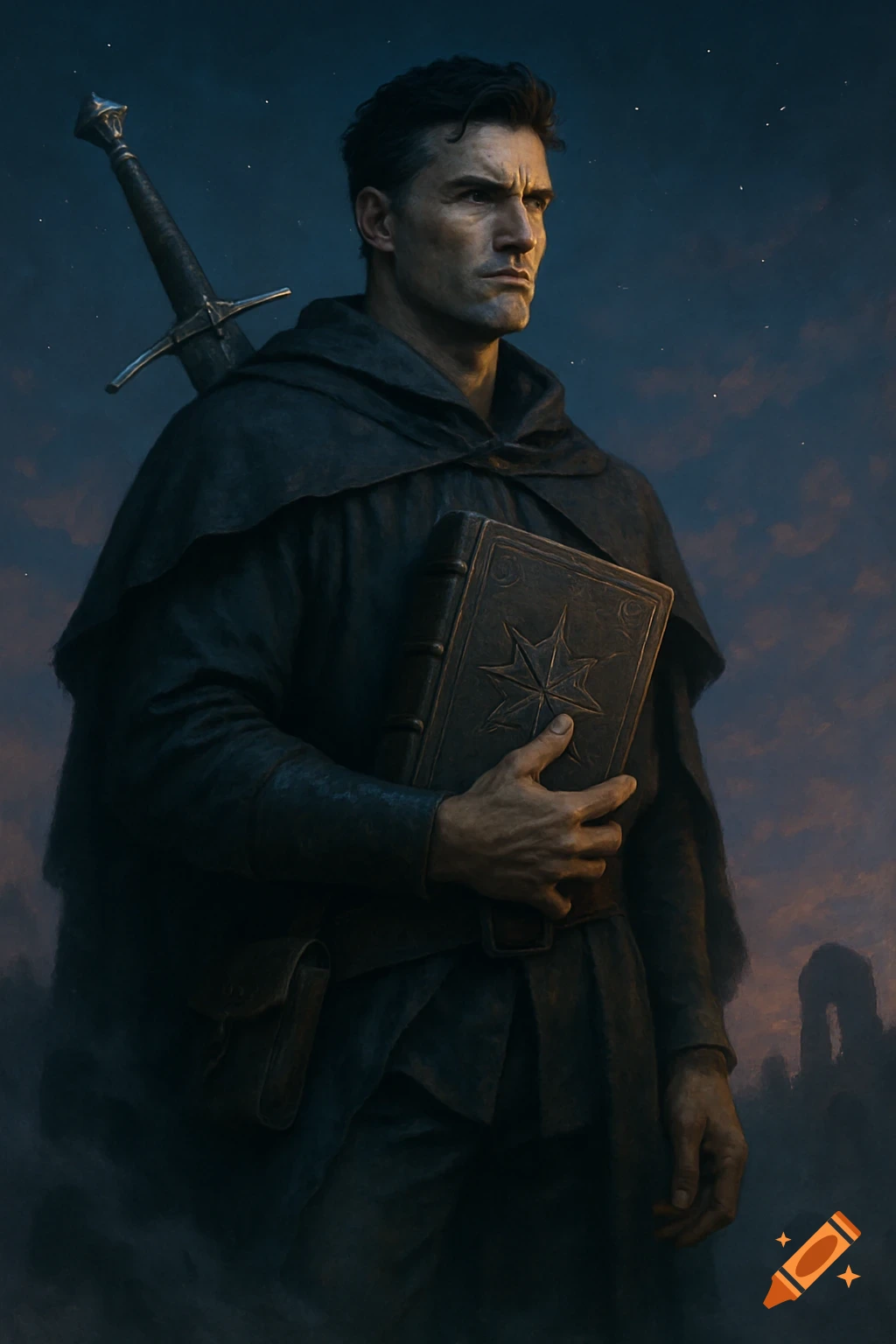 A serious man in a dark cloak holding an embossed book, with a sword on his back, under a starry night sky.