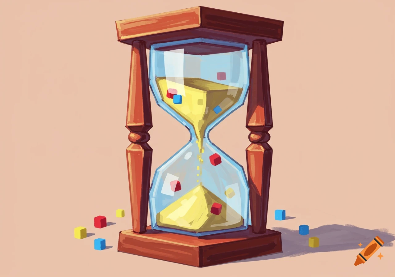 A geometric naive drawing of an hourglass with red, yellow, and blue cubes instead of sand falling through.