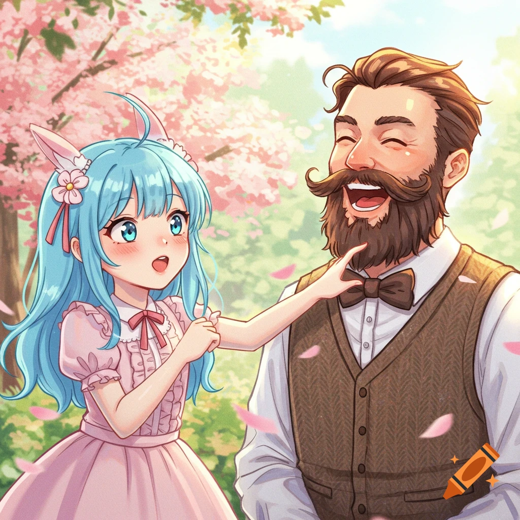 Anime girl with blue hair and bunny ears touches a laughing bearded man's face in a cherry blossom park.