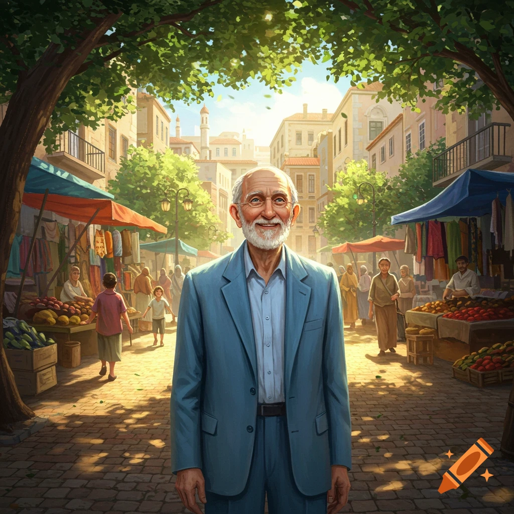 An older man with a white beard and glasses smiles, standing in a vibrant, sunlit outdoor market with stalls and buildings.