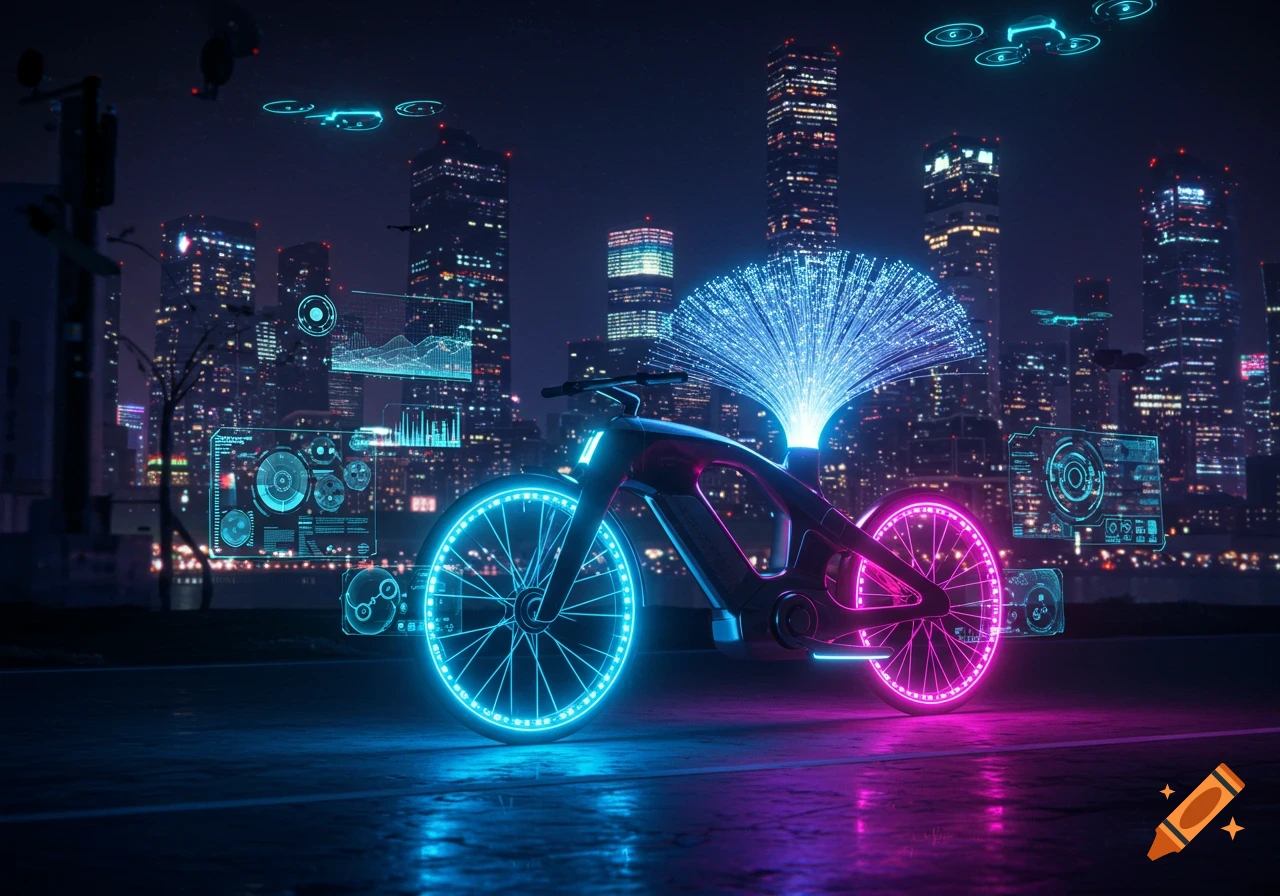 A futuristic bicycle with glowing blue and pink wheels and a fiber optic plume, set against a neon-lit cityscape with holographic displays and drones at night.