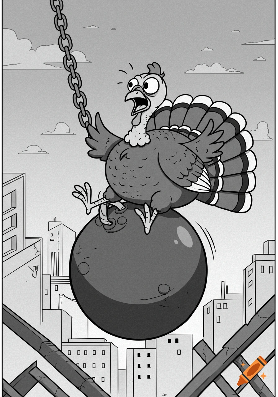 Black and white cartoon of a giant terrified turkey riding a wrecking ball and destroying city buildings.