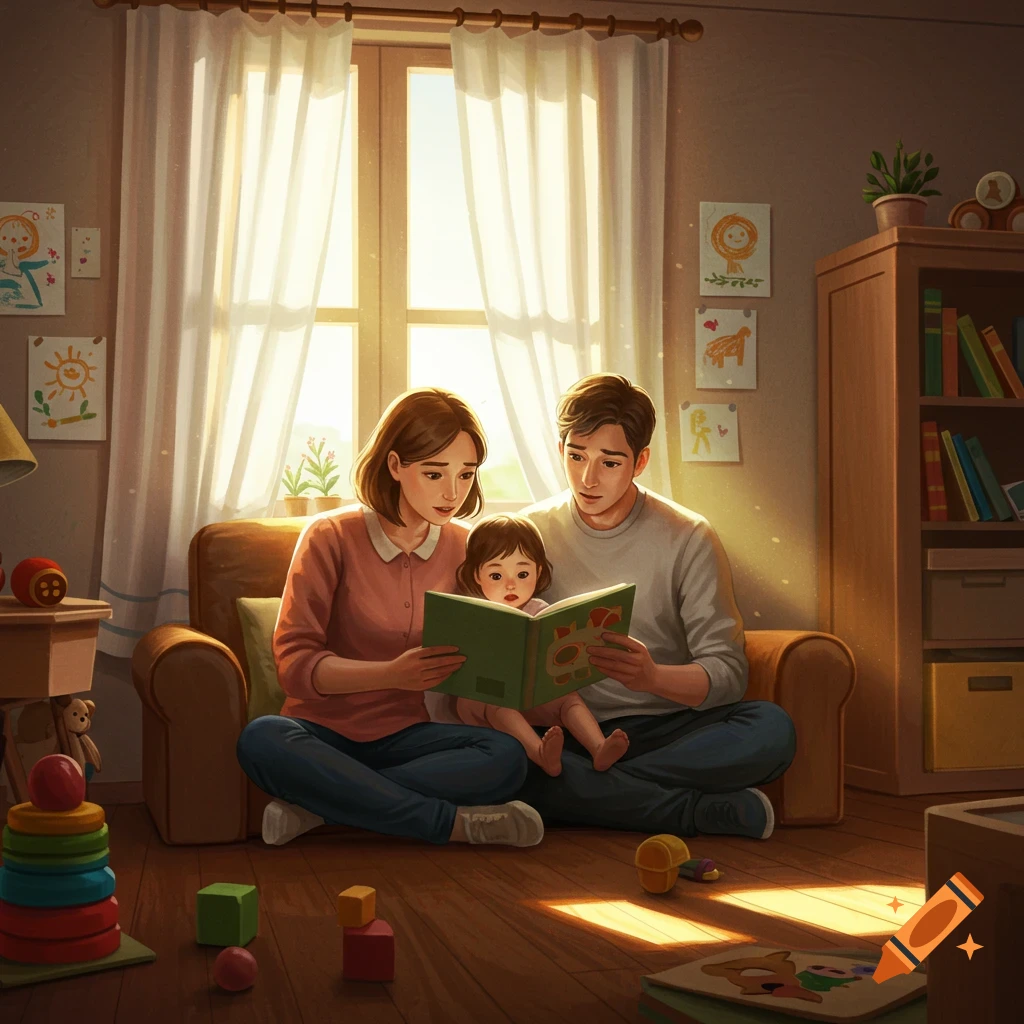 A mother and father sit on the floor, reading a storybook to their young child, bathed in sunlight from a window.