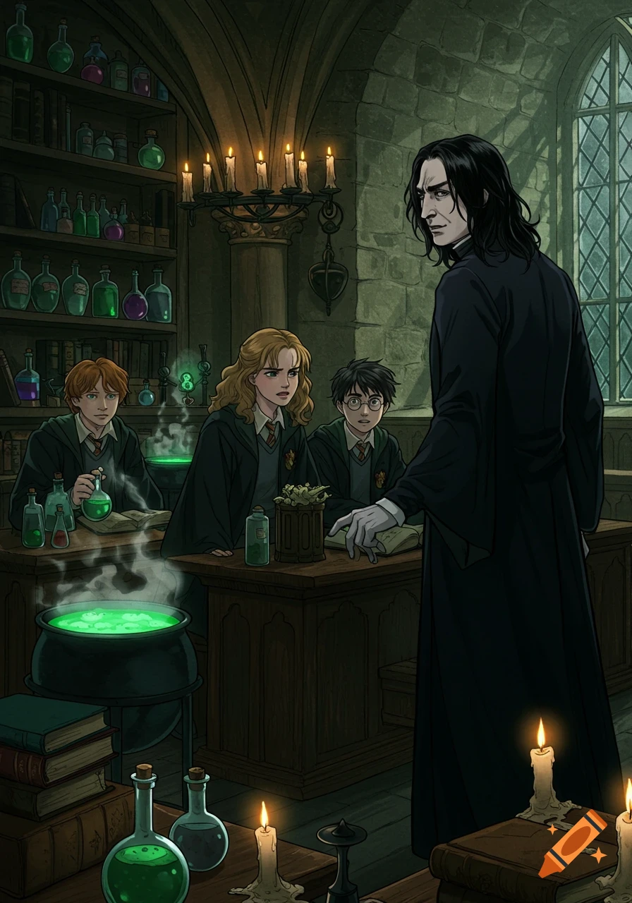 Anime illustration of Professor Snape scolding Harry, Ron, and Hermione in a dimly lit Hogwarts Potions classroom, filled with glowing potions.