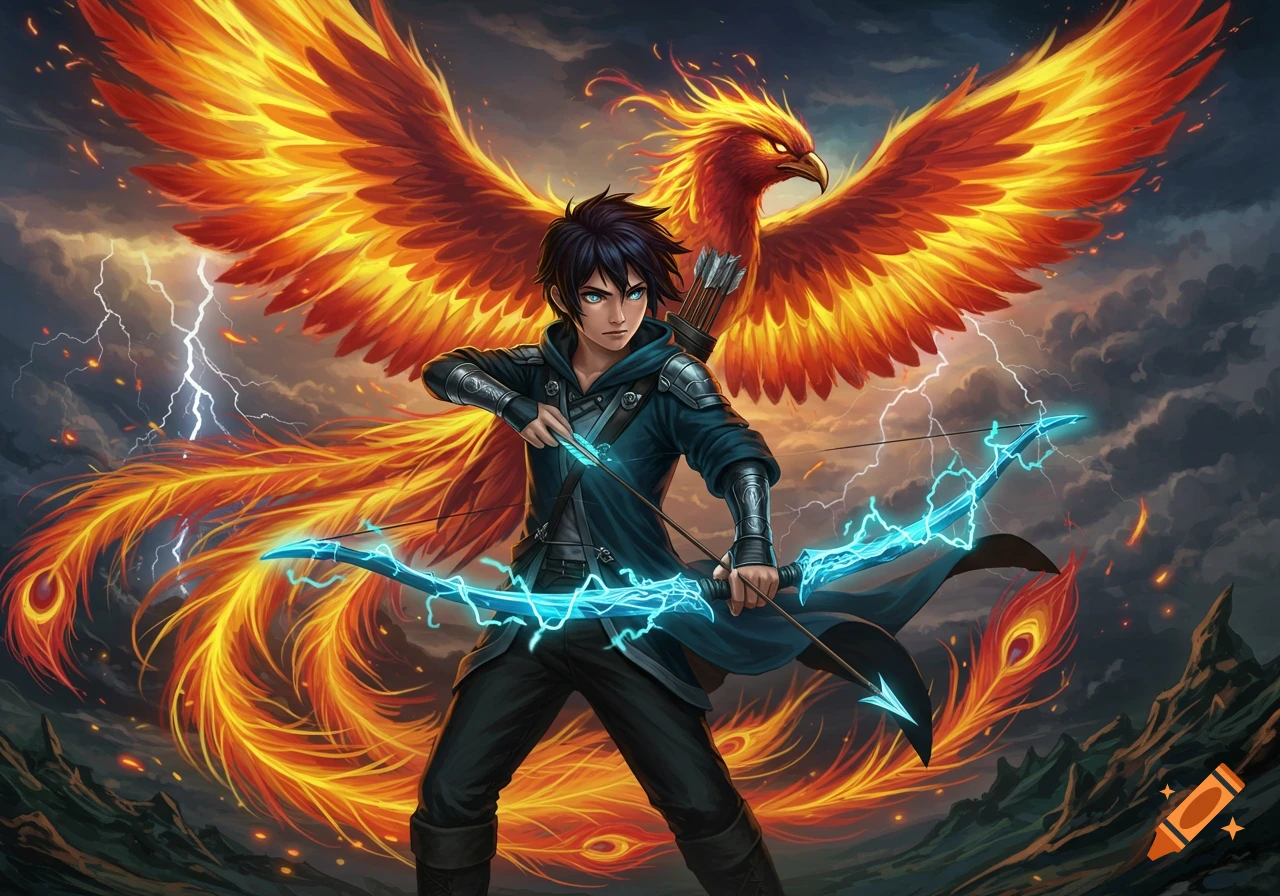 Anime boy with an electric bow and arrow, standing before a large, fiery phoenix with outstretched wings against a stormy, lightning-filled sky.