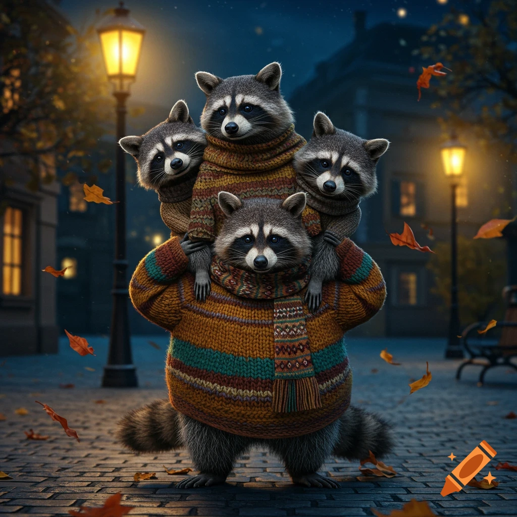Four raccoons, stacked on each other in colorful knitted sweaters and scarves, on an autumn city street at night.
