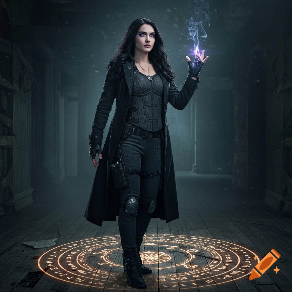 A realistic, moody image of a woman in a black trench coat casting a spell in a dark, abandoned theater backstage with glowing magical symbols on the floor.