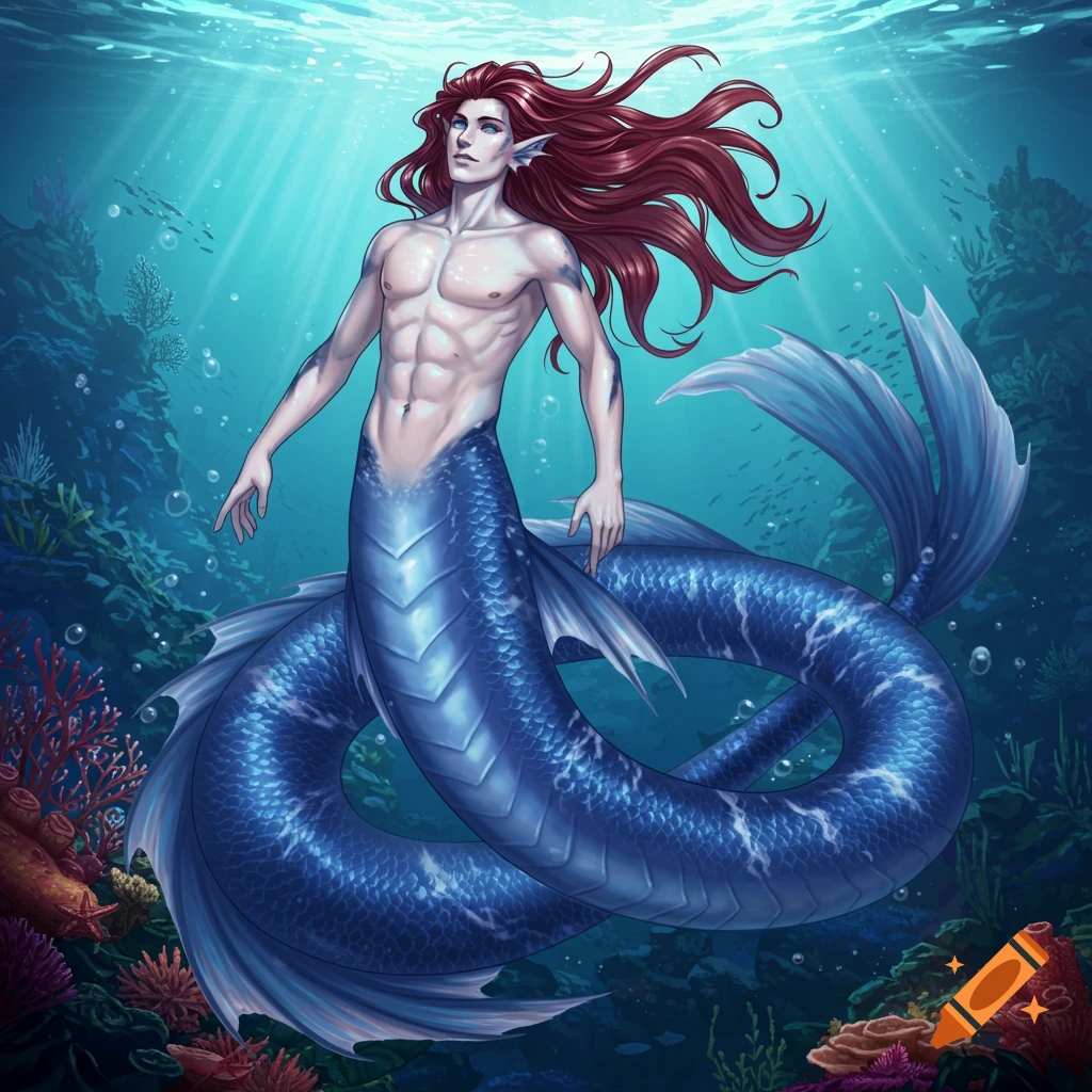 A handsome, pearl-white skinned merman with long mahogany hair and a blue sea serpent's body swims gracefully underwater amidst coral.