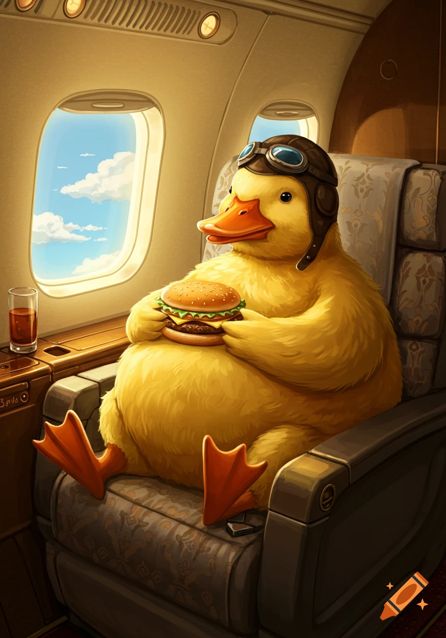 A plump yellow cartoon duck wearing pilot goggles sits in an airplane seat, eating a hamburger with a drink nearby.
