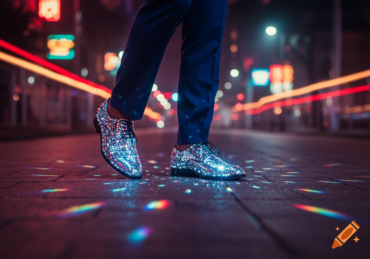 A person's legs in dark pants wearing sparkling, disco ball-like shoes on a street at night with colorful city lights.