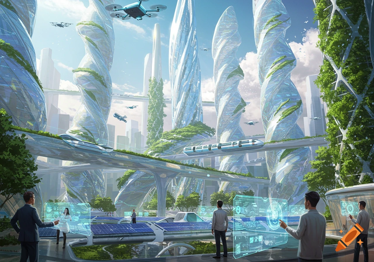 A vibrant futuristic city with twisting, green-integrated skyscrapers, elevated trains, flying drones, solar panels, and people interacting with holographic displays. The sky is bright with clouds.