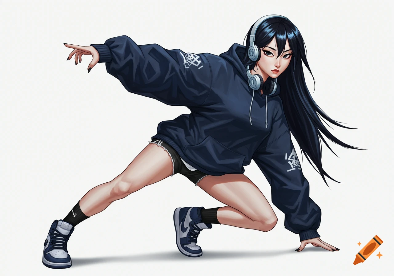 A young woman with long black hair, headphones, a dark blue oversized hoodie, and shorts in a dynamic crouching pose, wearing Air Jordan sneakers. Digital art style.