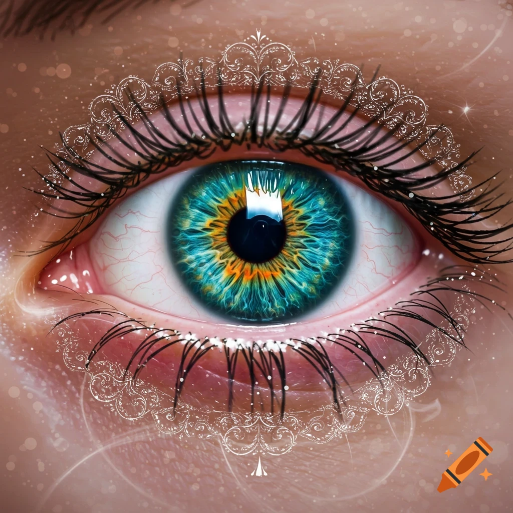 A macro close-up of a human eye with a vibrant blue and orange iris, long lashes, and white ornate filigree with sparkles.