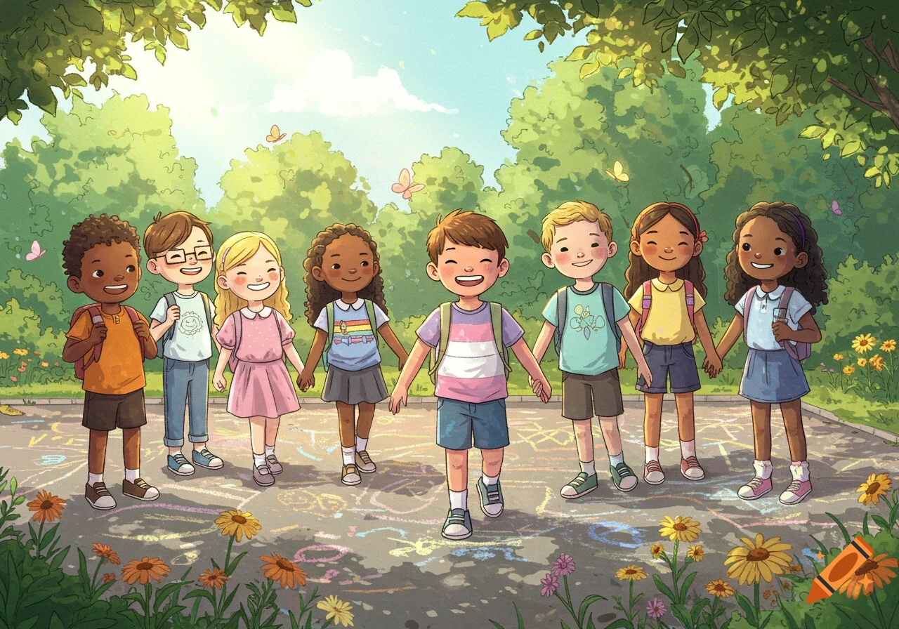 A diverse group of smiling children holding hands, walking in a park with chalk drawings and flowers, in a cute illustration style.