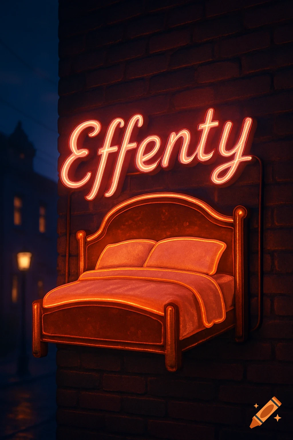 A vintage neon sign of a cozy bed with the word Effenty glowing on a brick wall at night.