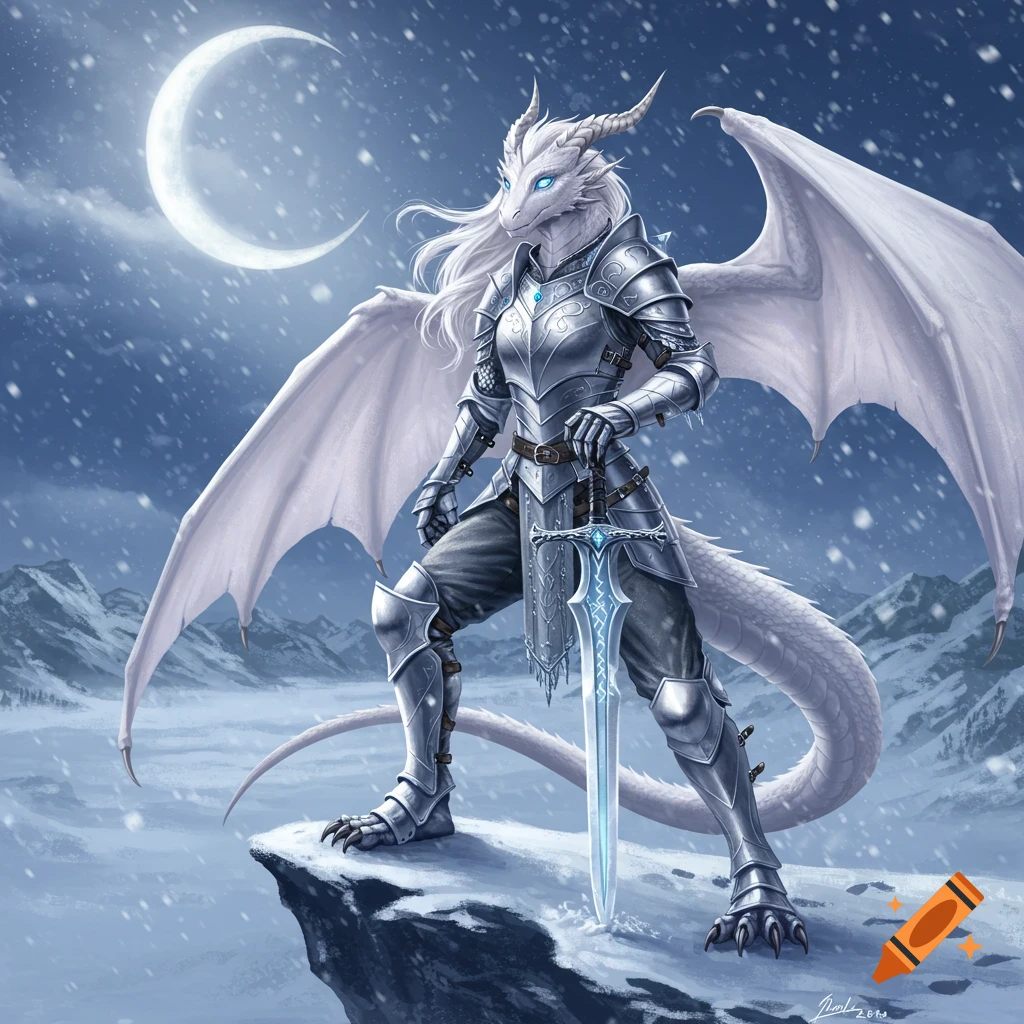 A white dragonborn warrior in silver armor stands on a snowy mountain, holding a glowing sword under a crescent moon. Fantasy art.