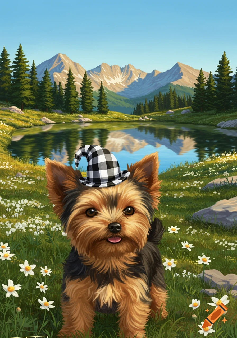A cute Yorkshire Terrier in a checkered wizard hat in a flowery mountain landscape with a lake and snowy peaks.