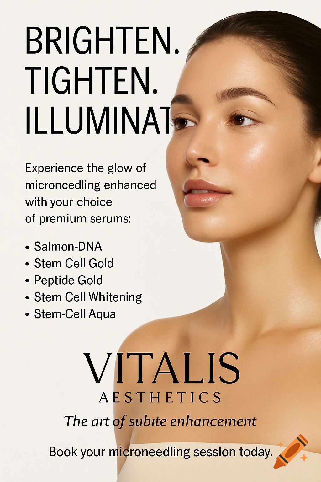 A poster advertising Vitalis Aesthetics, featuring a woman's face and shoulder, with text about microneedling serums.