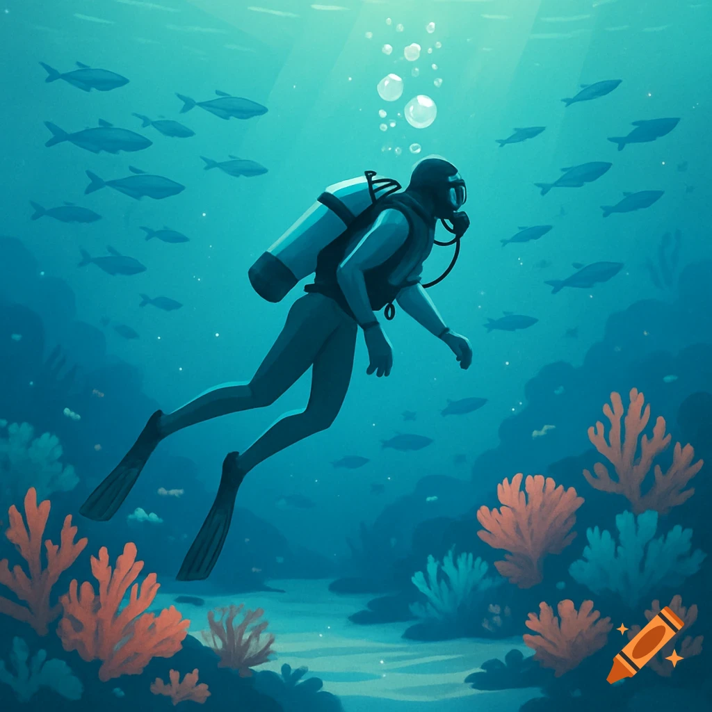 A stylized illustration of a scuba diver exploring a vibrant coral reef with schooling fish in clear blue water.