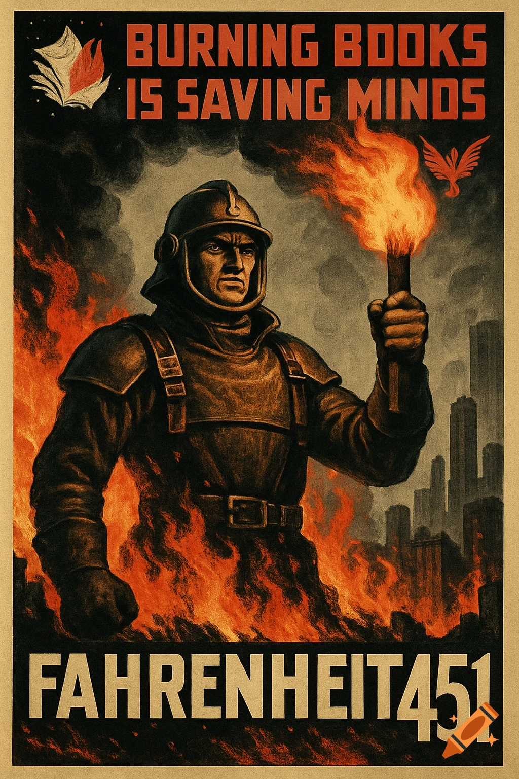 Retro propaganda poster for Fahrenheit 451 featuring a fireman burning books with a torch, cityscape in background. Text reads 'BURNING BOOKS IS SAVING MINDS'.