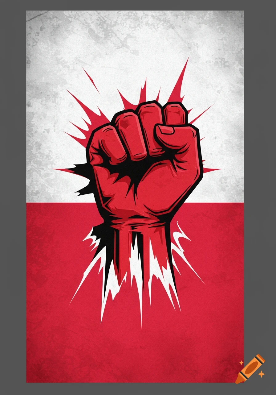 A powerful red fist breaks through a white and red background, resembling the Polish flag, in a stylized illustration.
