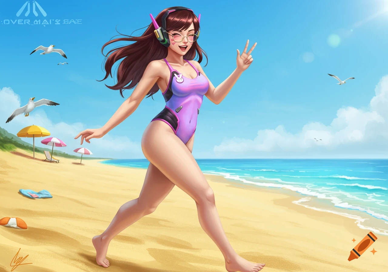 D.Va from Overwatch in a purple swimsuit runs on a sunny beach, making a peace sign, with seagulls and umbrellas.