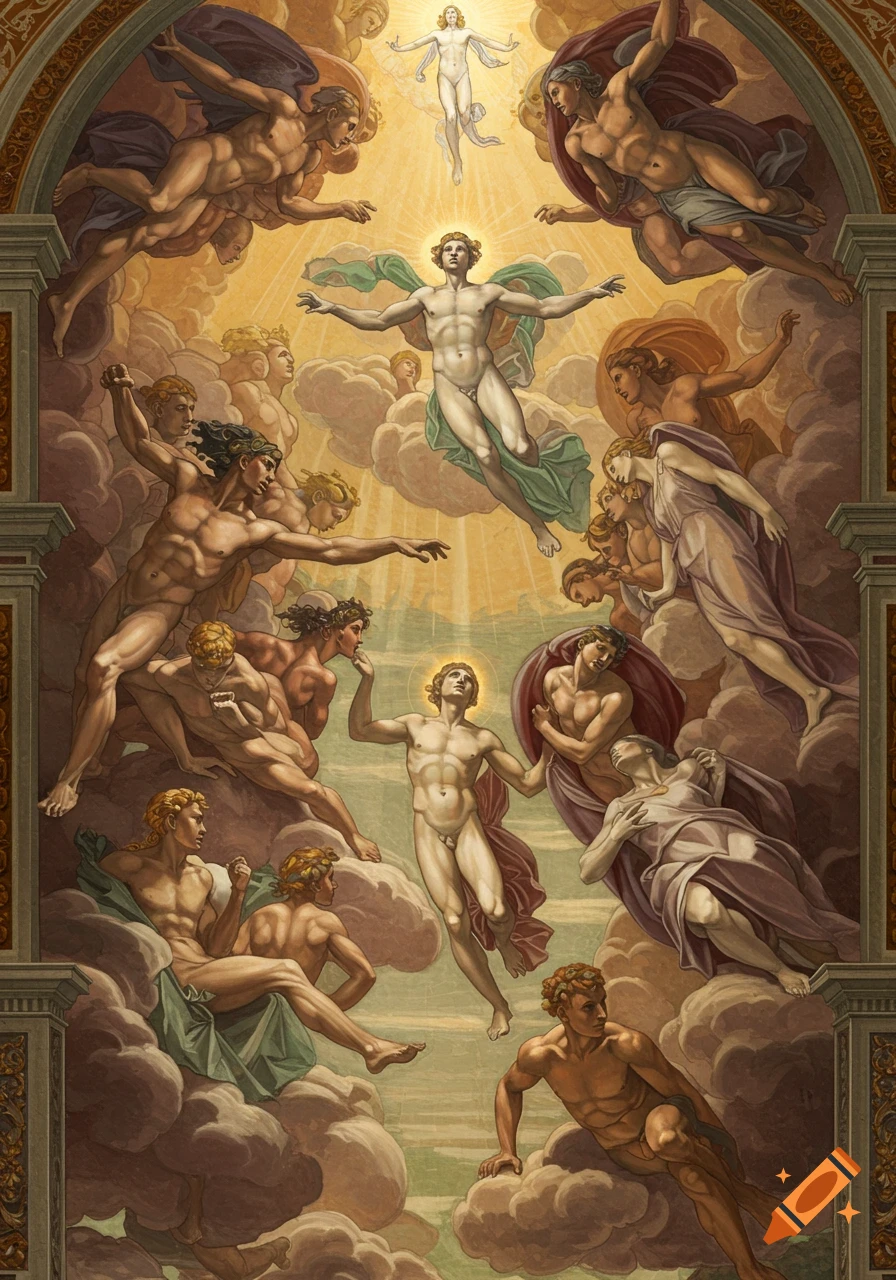 A classical fresco in Michelangelo's style, depicting numerous nude and draped figures ascending and floating among clouds, bathed in golden light.