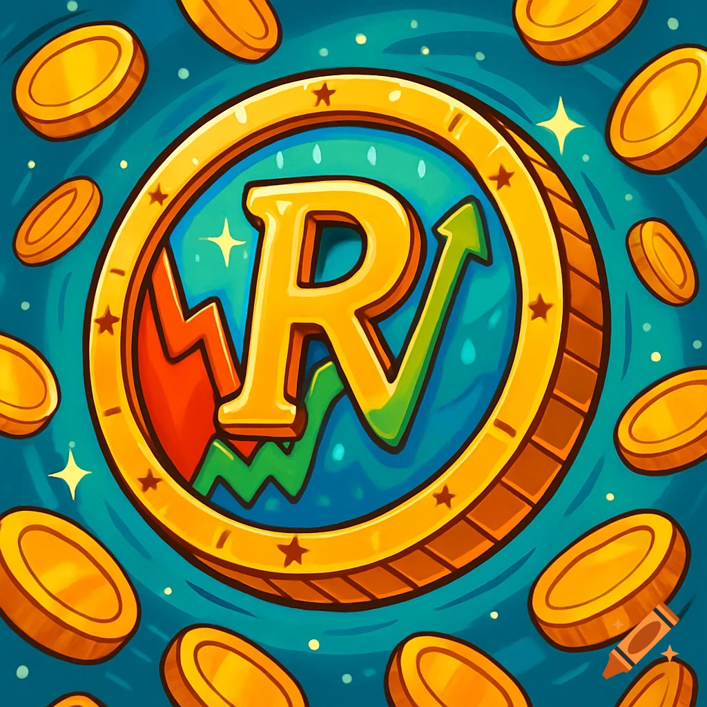 A cartoon illustration of a golden coin with a large 'R' and a green upward-trending chart on a blue background, surrounded by floating coins.