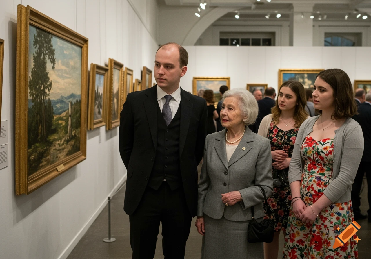 A young man, an older woman in a grey suit, and two younger women in floral dresses are observing paintings in a brightly lit art gallery.