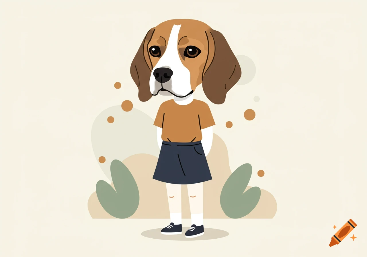 Cartoon illustration of a beagle dog head on a child's body wearing an orange shirt and blue skirt.