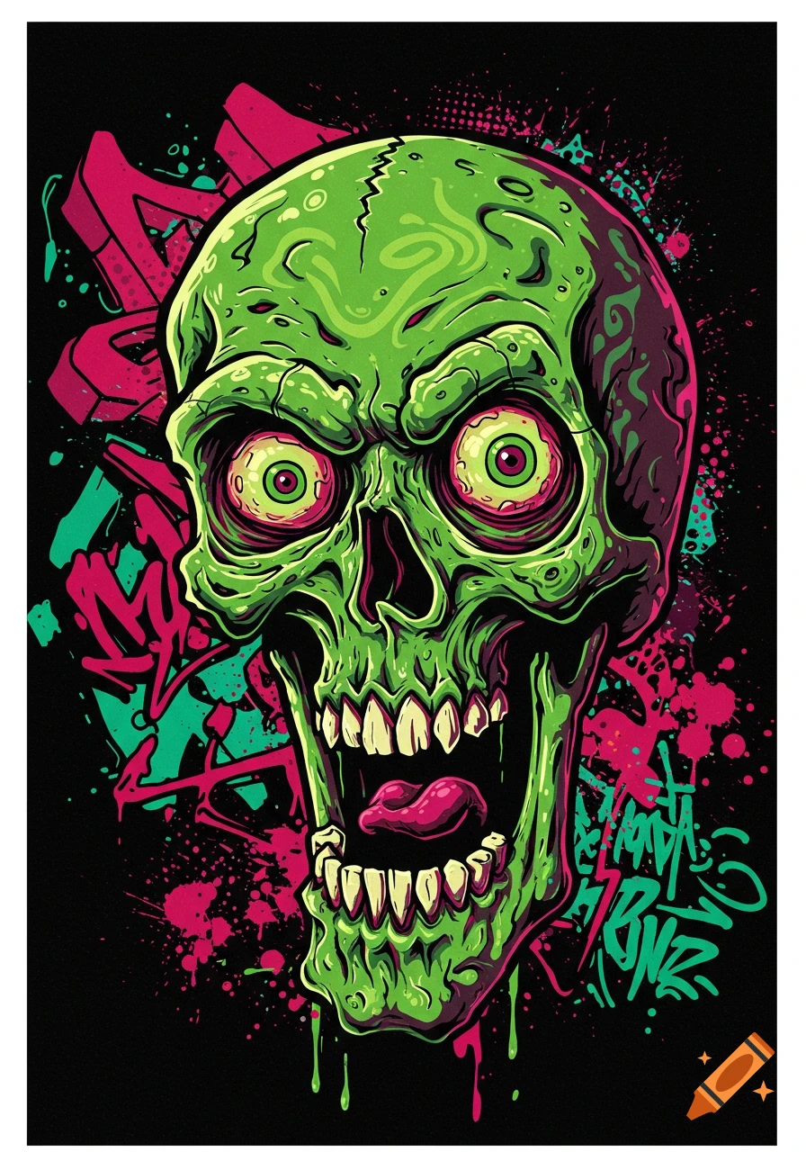 A vibrant green zombie skull illustration with glowing eyes and open mouth, in a graffiti style with pink and teal splashes on a black background.