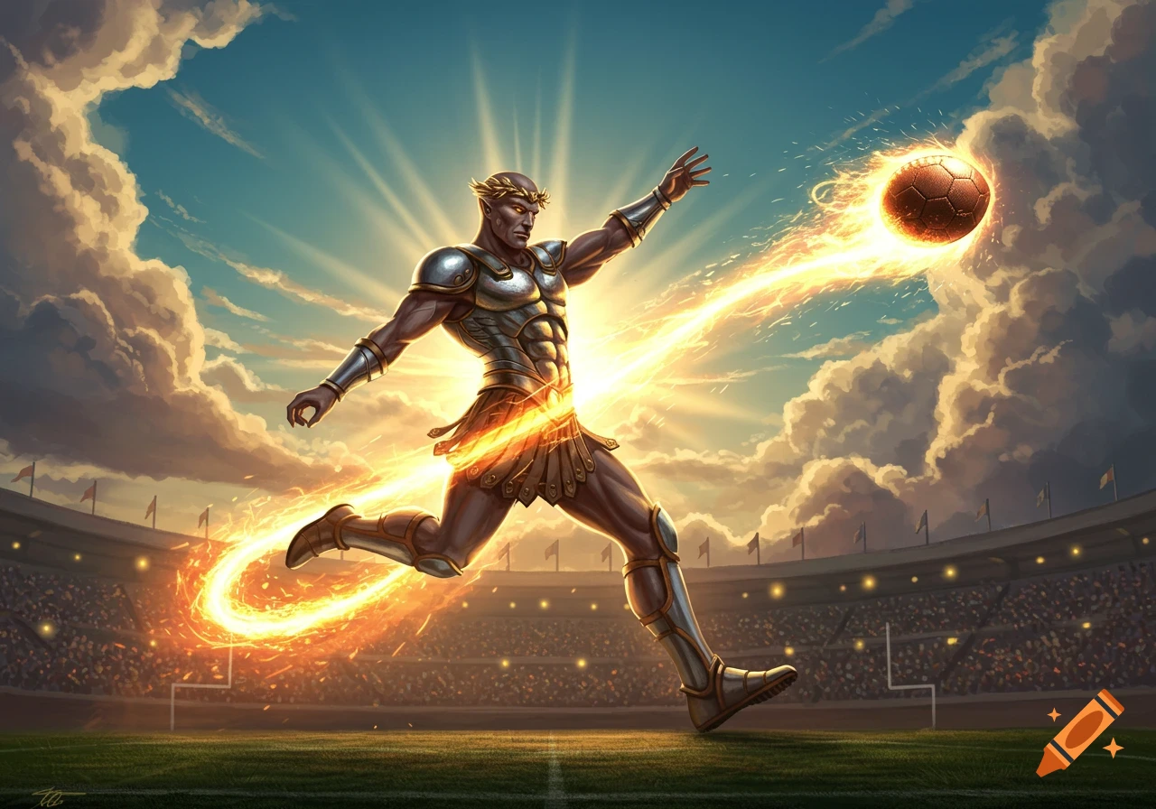 A muscular, dark-skinned god-like figure in armor and a laurel crown kicks a fiery football in a stadium under a dramatic sky.