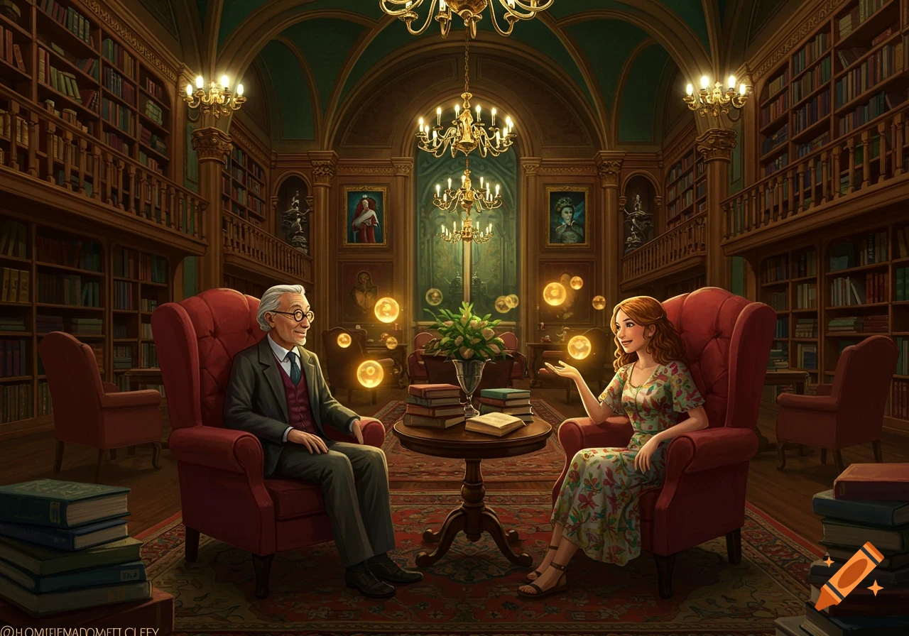 An old man and a young woman sitting in red armchairs in a grand, ornate library, surrounded by glowing golden orbs.