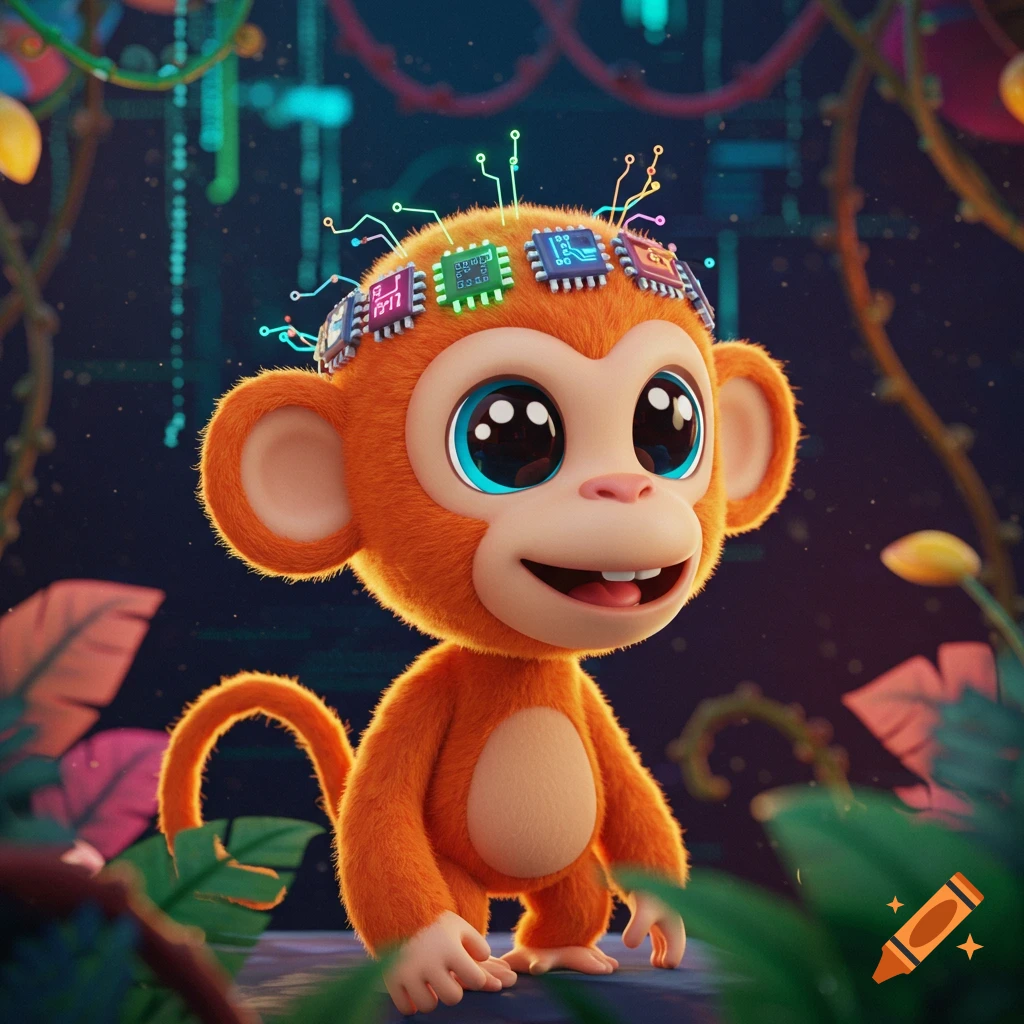 A cute, orange cartoon monkey with large blue eyes smiles, wearing circuit board chips on its head in a glowing, futuristic jungle.