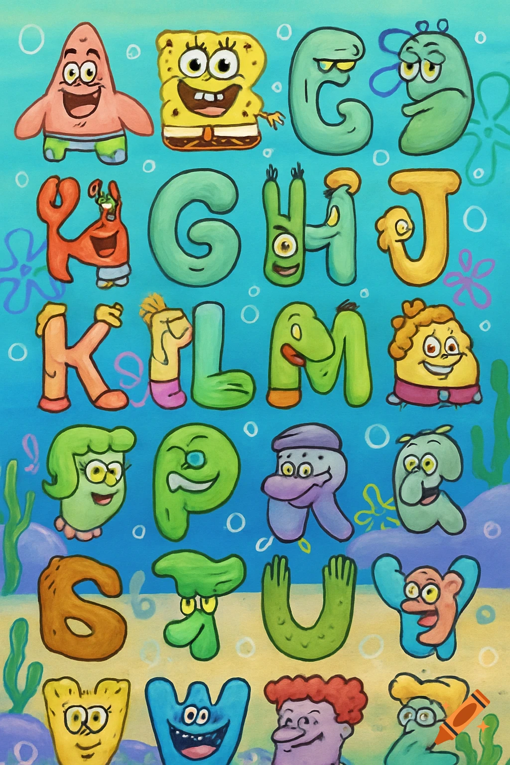 A Spongebob-themed alphabet, with each letter stylized as a different character from the show, on an underwater background.