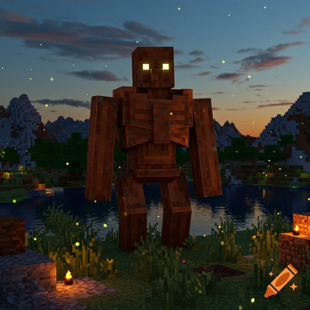 A blocky copper golem with glowing eyes stands in a Minecraft-style landscape at dusk with fireflies.