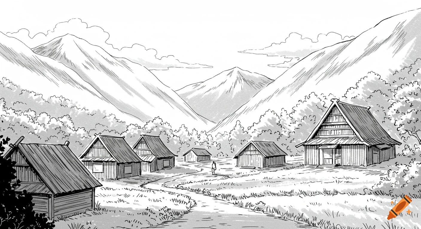 A black and white manga illustration depicting a rural village with wooden houses, a winding path, and trees, nestled between large mountains under a cloudy sky.