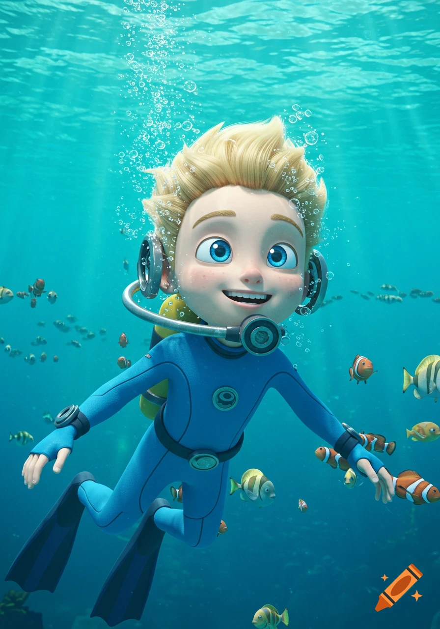 A smiling blond-haired boy in a blue diving suit swims underwater with colorful fish and bubbles, in a 3D Pixar-style.