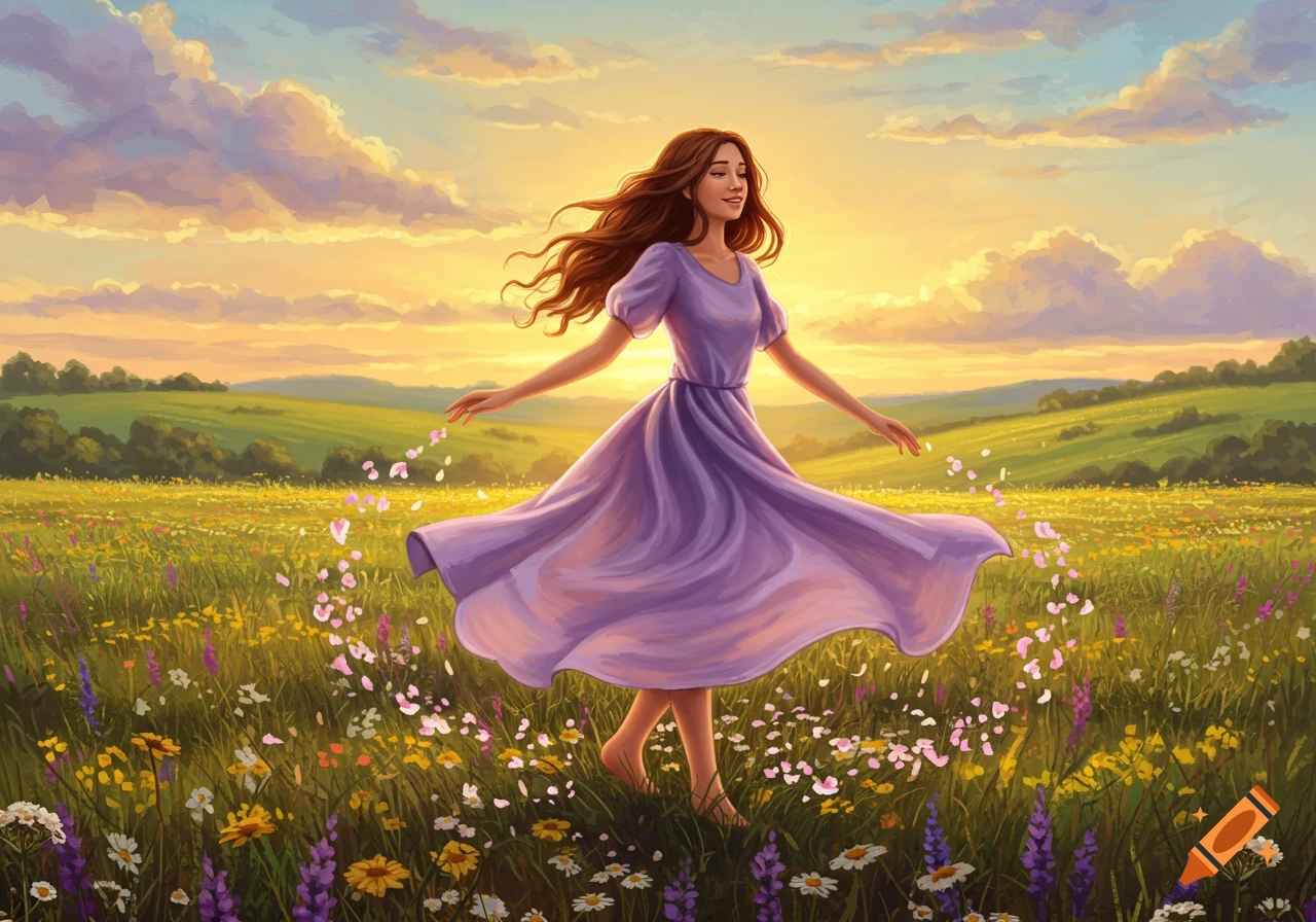 A woman in a purple dress dances barefoot in a colorful wildflower field at sunset, painted in a whimsical style.