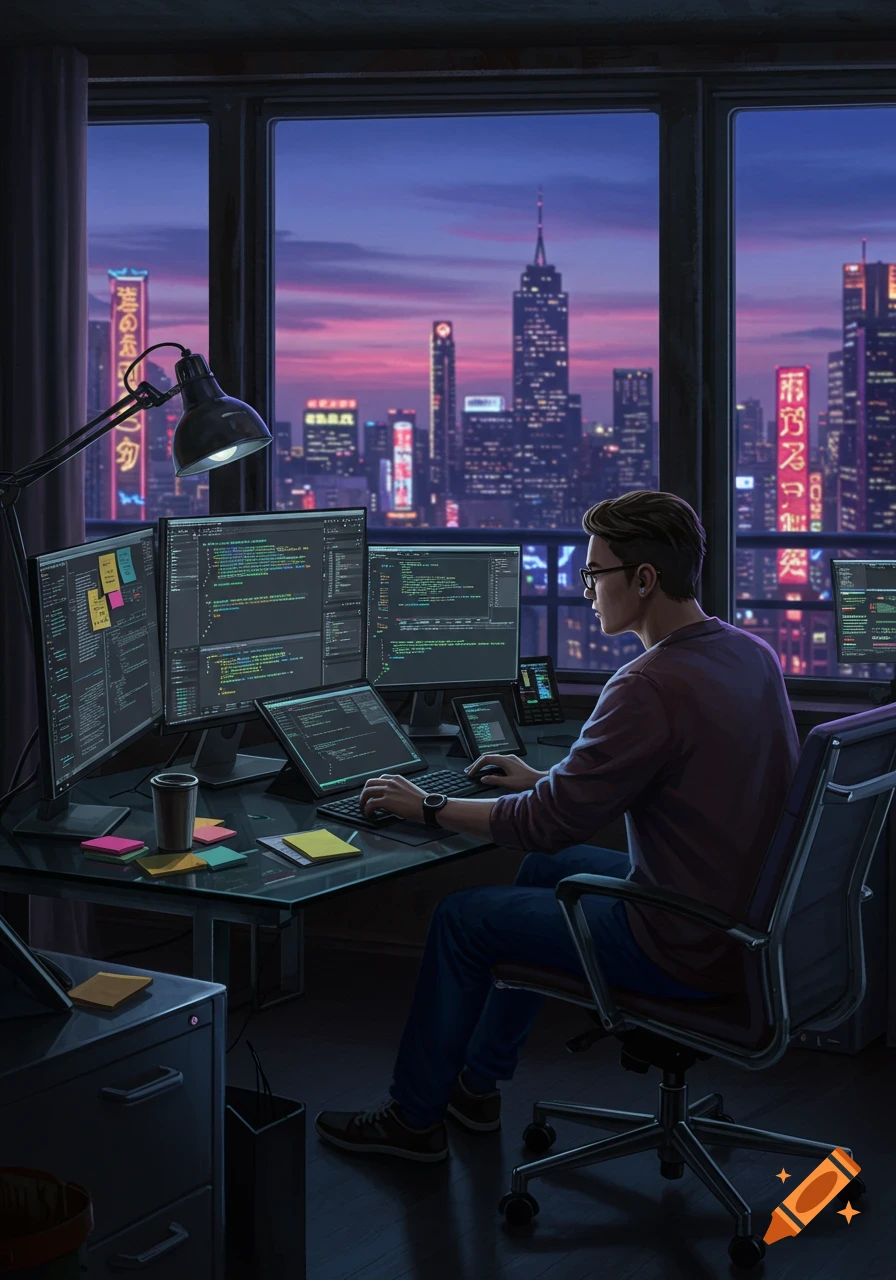 A man codes on multiple computer monitors at a desk, with a vibrant city skyline visible through a large window at dusk, in a highly detailed, cyberpunk art style.