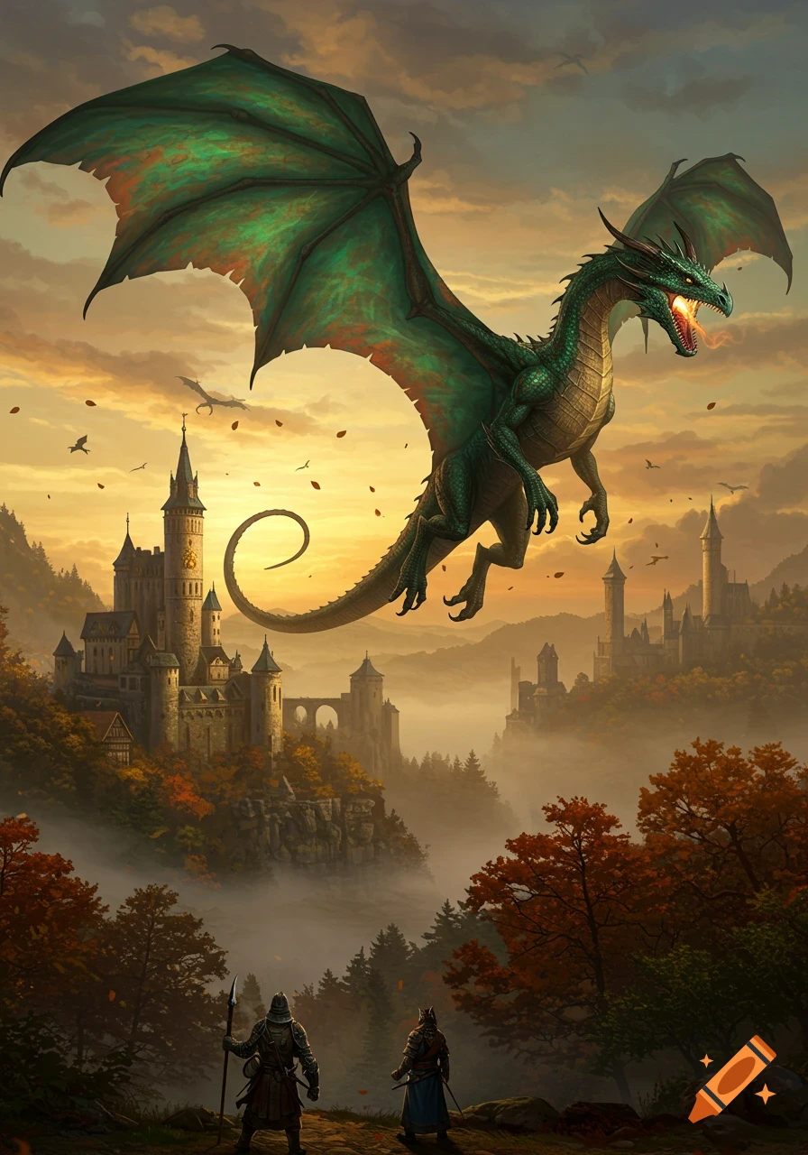 A green dragon flies over a medieval castle at sunset, breathing fire. Two knights watch from a misty, autumn landscape.