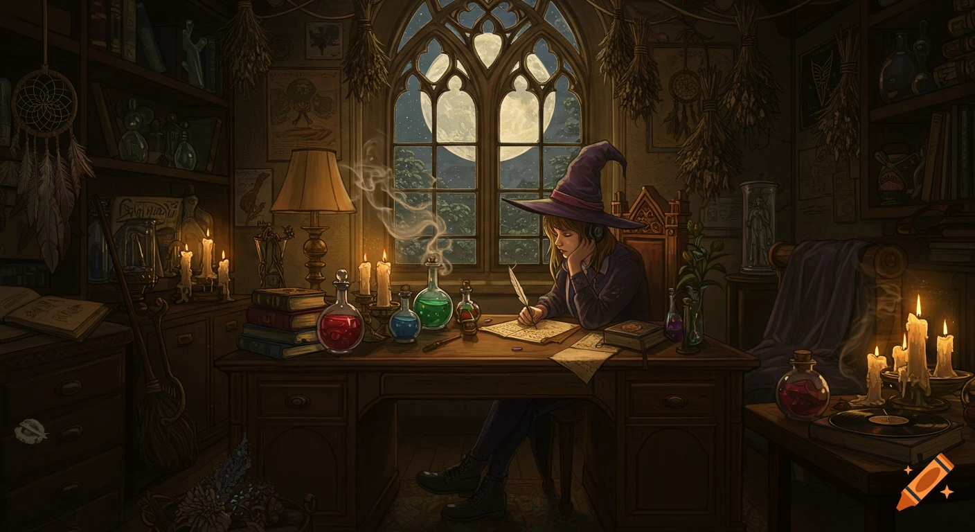 A young witch with a pointy hat and headphones writes with a quill at a wooden desk in a dimly lit study, surrounded by potions, books, and candles, with a large moon visible through a gothic window. Stylized illustration.