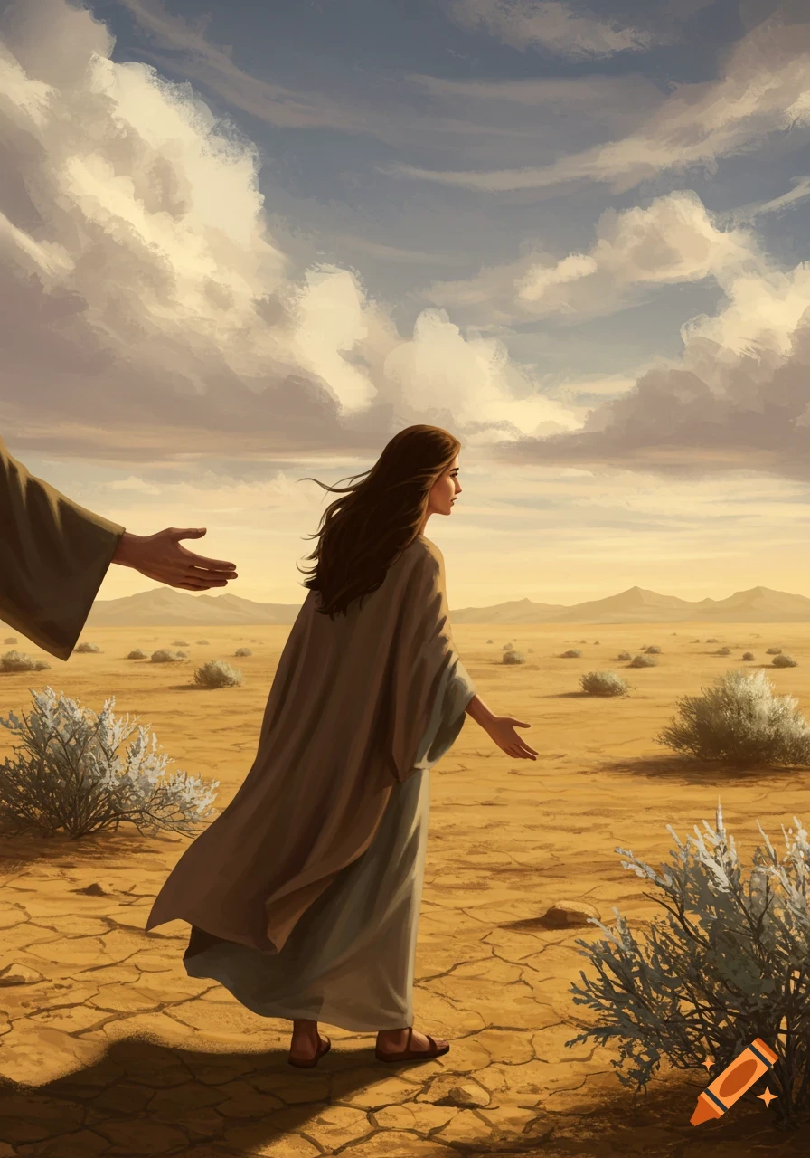 A woman in robes walks across a cracked desert landscape as a hand reaches out from behind her, in a painterly style.