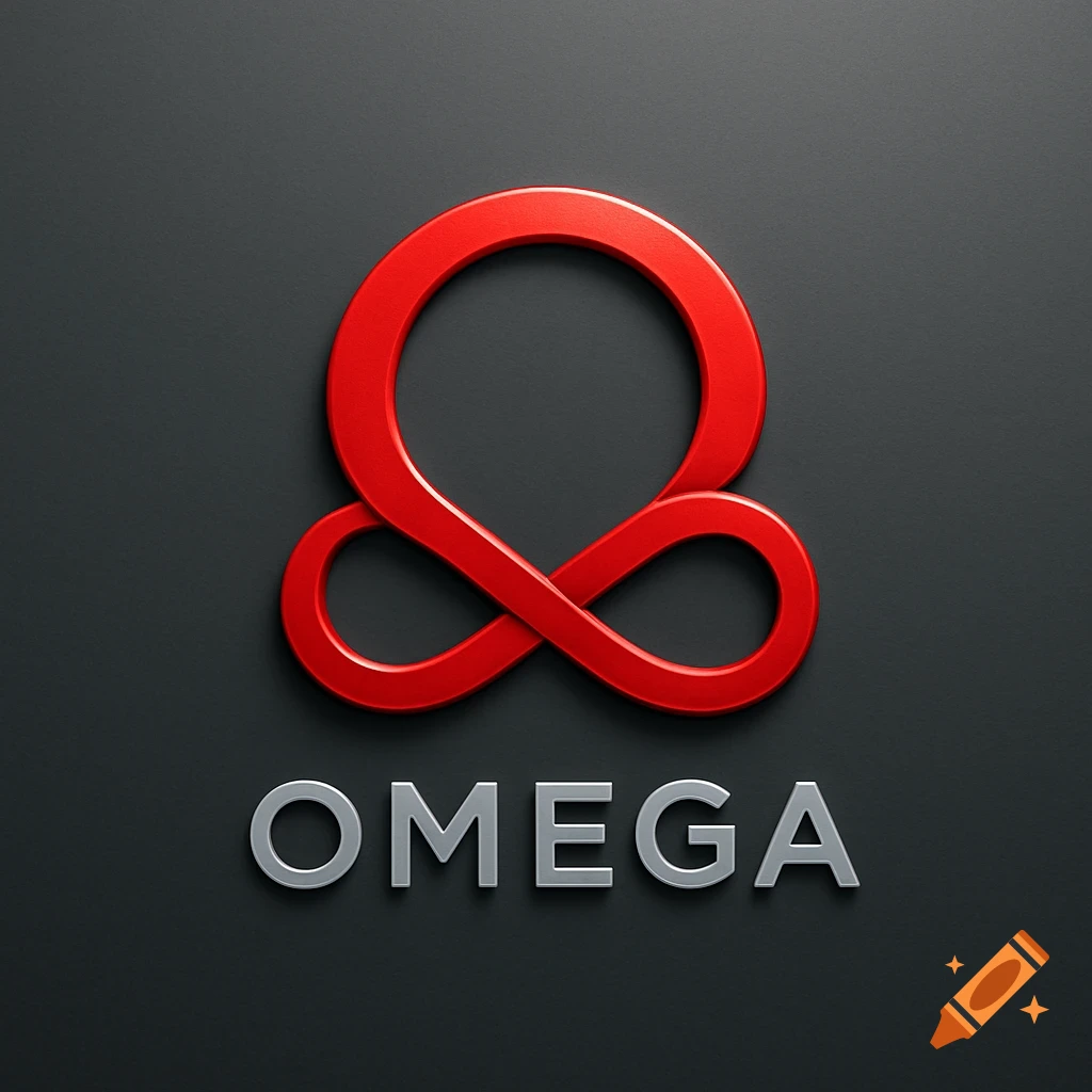 A red intertwined loop symbol above the silver word "OMEGA" on a dark grey background.