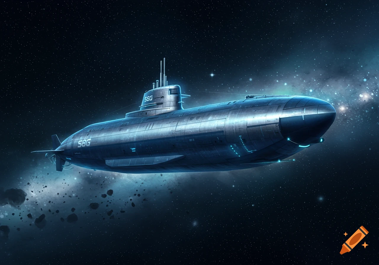 A futuristic submarine with glowing blue lights travels through dark outer space filled with stars and asteroids.