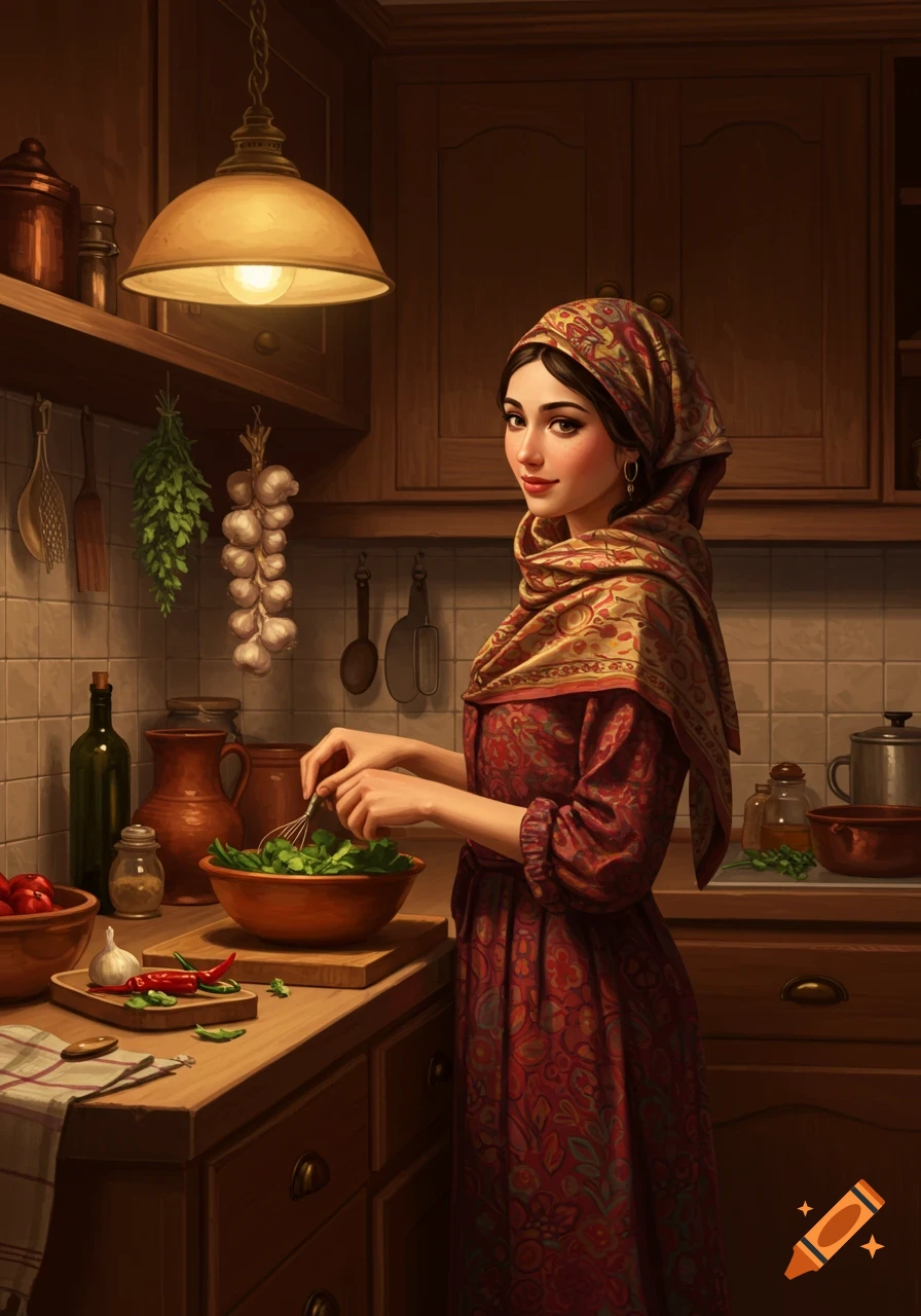 A photorealistic image of a woman in a patterned headscarf and red dress, stirring a salad in a warm-lit rustic kitchen.