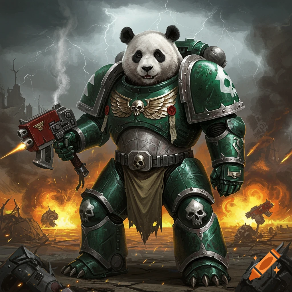 A panda in dark green futuristic Space Marine armor holds a gun on a fiery battlefield under a stormy, lightning-filled sky.
