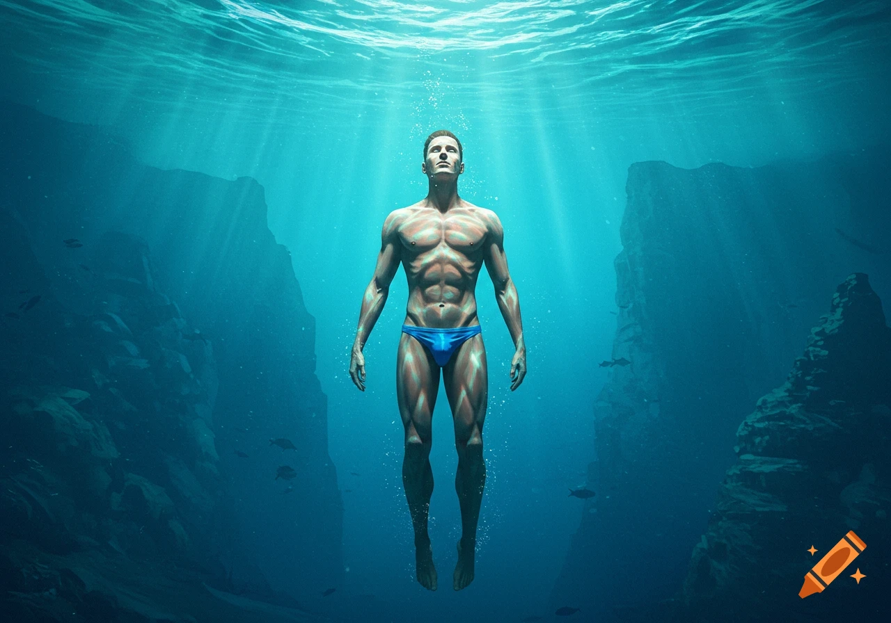 A muscular man in a blue speedo floats underwater amidst sunbeams, with distant ocean cliffs.